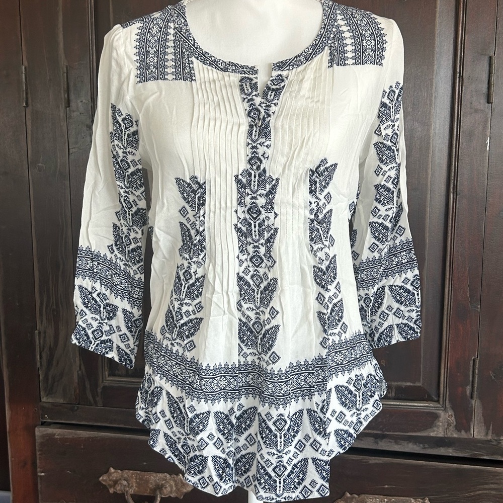 Daniel Rainn Navy and White Patterned Bohemian Blouse